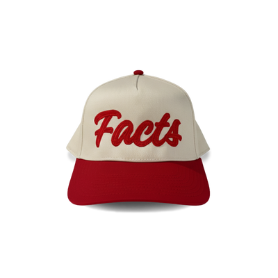 Beige and red cap with 'Facts' text on a white background